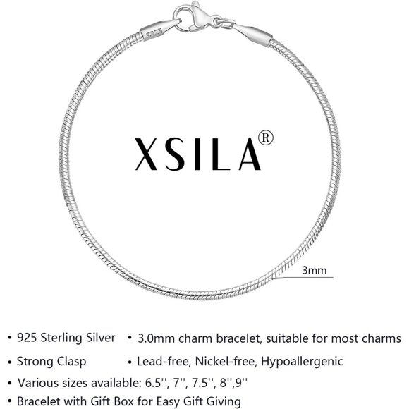 Sterling Silver Charm Snake Chain Bracelet for Women 7 Inch Gift - Picture 3 of 6
